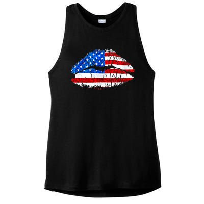 Cute Patriot USA American Flag Lipstick Kiss Ladies PosiCharge Tri-Blend Wicking Tank