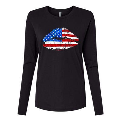 Cute Patriot USA American Flag Lipstick Kiss Womens Cotton Relaxed Long Sleeve T-Shirt