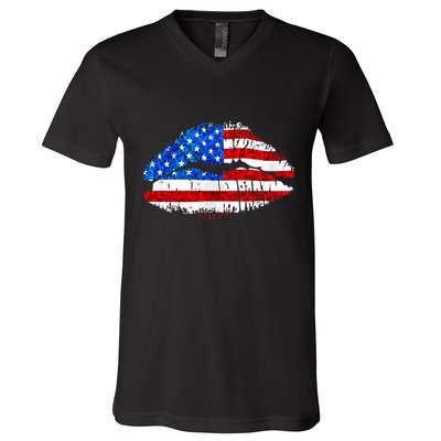 Cute Patriot USA American Flag Lipstick Kiss V-Neck T-Shirt