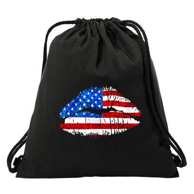 Cute Patriot USA American Flag Lipstick Kiss Drawstring Bag