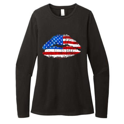 Cute Patriot USA American Flag Lipstick Kiss Womens CVC Long Sleeve Shirt