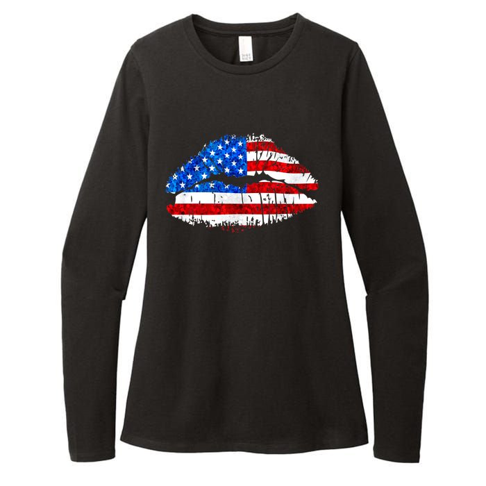 Cute Patriot USA American Flag Lipstick Kiss Womens CVC Long Sleeve Shirt