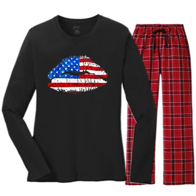 Cute Patriot USA American Flag Lipstick Kiss Women's Long Sleeve Flannel Pajama Set 