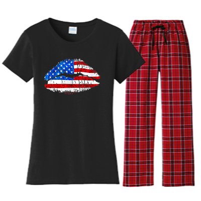 Cute Patriot USA American Flag Lipstick Kiss Women's Flannel Pajama Set