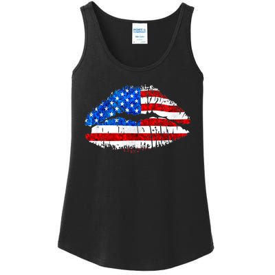 Cute Patriot USA American Flag Lipstick Kiss Ladies Essential Tank