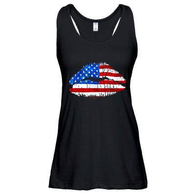 Cute Patriot USA American Flag Lipstick Kiss Ladies Essential Flowy Tank