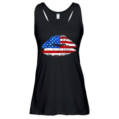 Cute Patriot USA American Flag Lipstick Kiss Ladies Essential Flowy Tank