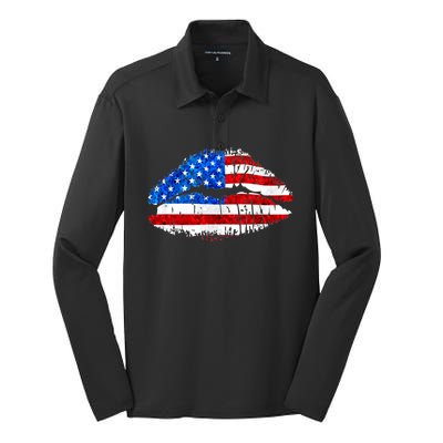 Cute Patriot USA American Flag Lipstick Kiss Silk Touch Performance Long Sleeve Polo