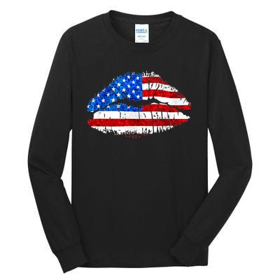 Cute Patriot USA American Flag Lipstick Kiss Tall Long Sleeve T-Shirt