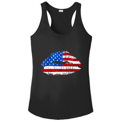 Cute Patriot USA American Flag Lipstick Kiss Ladies PosiCharge Competitor Racerback Tank