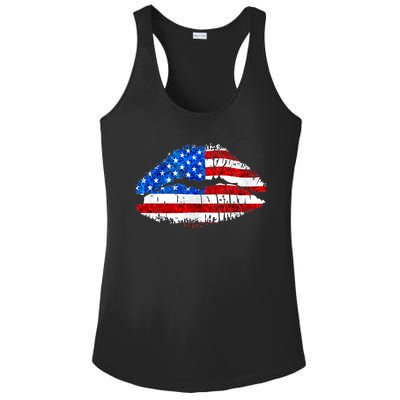 Cute Patriot USA American Flag Lipstick Kiss Ladies PosiCharge Competitor Racerback Tank