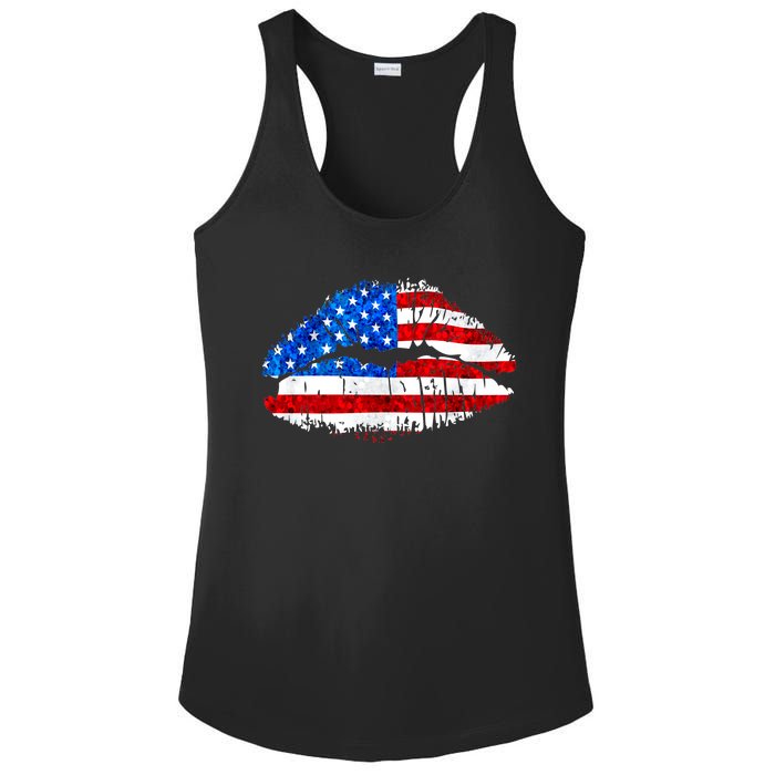 Cute Patriot USA American Flag Lipstick Kiss Ladies PosiCharge Competitor Racerback Tank