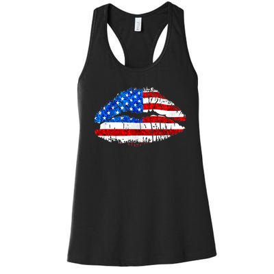 Cute Patriot USA American Flag Lipstick Kiss Women's Racerback Tank