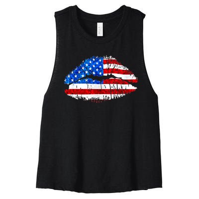 Cute Patriot USA American Flag Lipstick Kiss Women's Racerback Cropped Tank