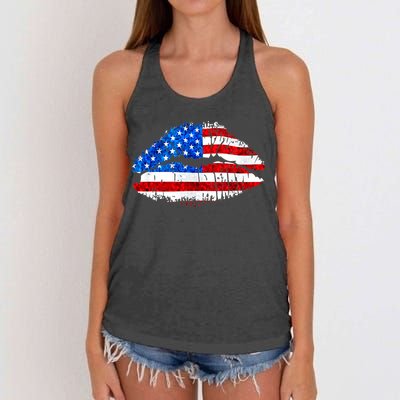 Cute Patriot USA American Flag Lipstick Kiss Women's Knotted Racerback Tank