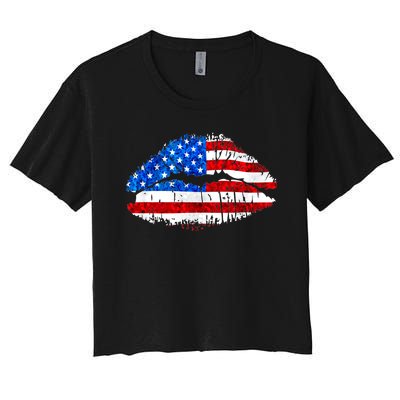 Cute Patriot USA American Flag Lipstick Kiss Women's Crop Top Tee