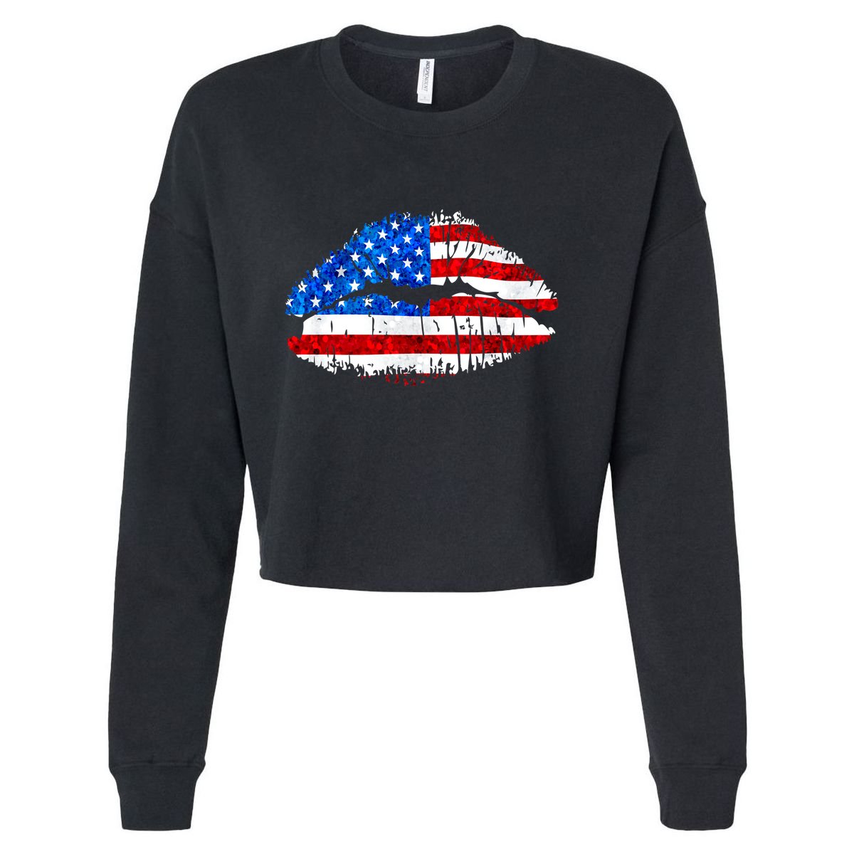 Cute Patriot USA American Flag Lipstick Kiss Cropped Pullover Crew