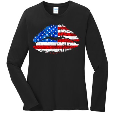 Cute Patriot USA American Flag Lipstick Kiss Ladies Long Sleeve Shirt