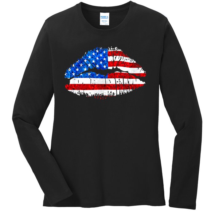 Cute Patriot USA American Flag Lipstick Kiss Ladies Long Sleeve Shirt