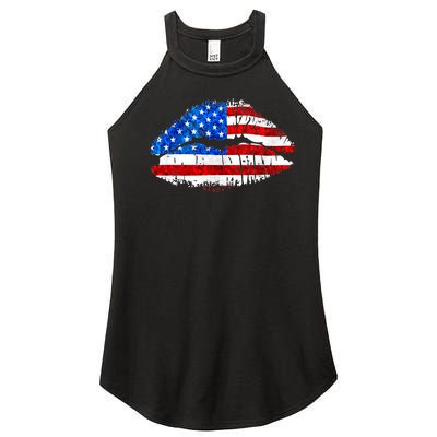 Cute Patriot USA American Flag Lipstick Kiss Women’s Perfect Tri Rocker Tank