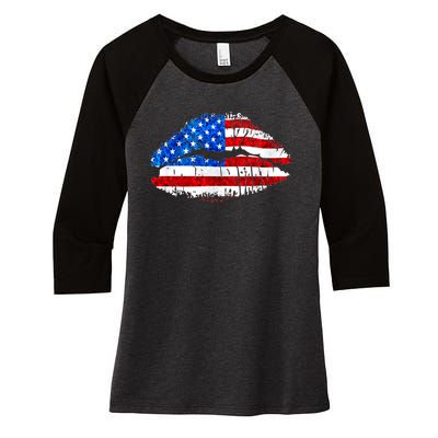 Cute Patriot USA American Flag Lipstick Kiss Women's Tri-Blend 3/4-Sleeve Raglan Shirt