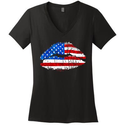 Cute Patriot USA American Flag Lipstick Kiss Women's V-Neck T-Shirt