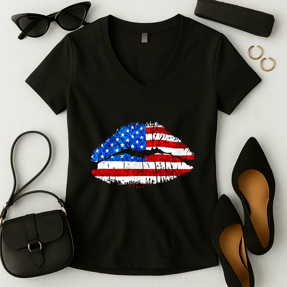 Cute Patriot USA American Flag Lipstick Kiss Women's V-Neck T-Shirt