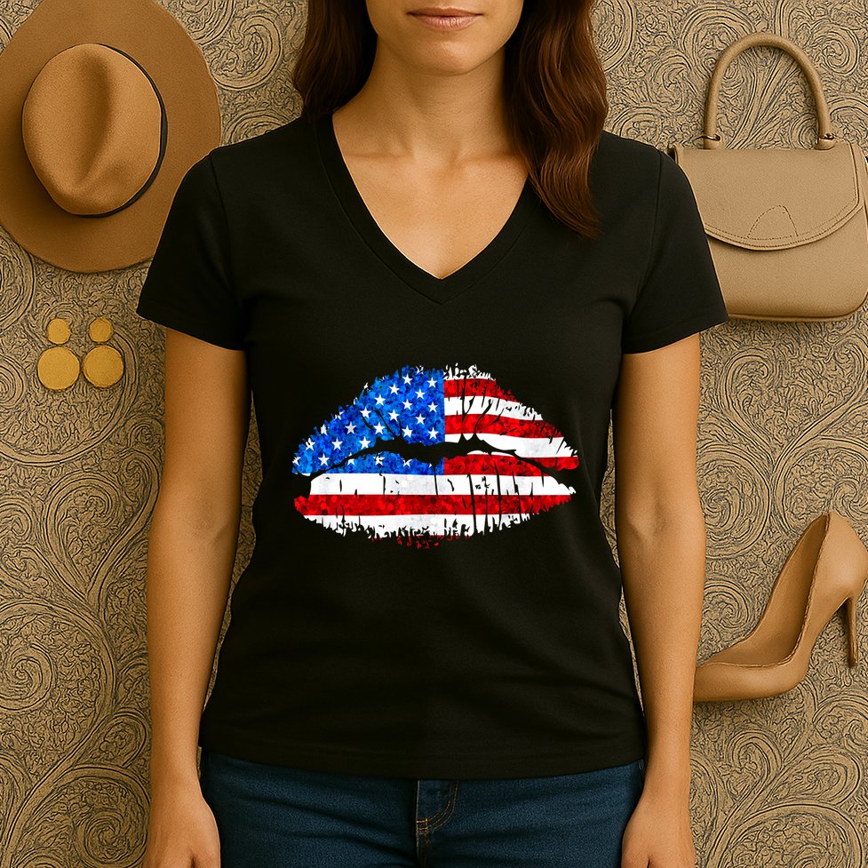 Cute Patriot USA American Flag Lipstick Kiss Women's V-Neck T-Shirt