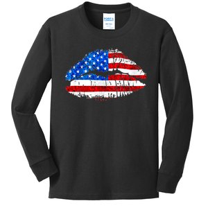 Cute Patriot USA American Flag Lipstick Kiss Kids Long Sleeve Shirt