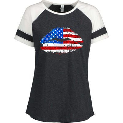 Cute Patriot USA American Flag Lipstick Kiss Enza Ladies Jersey Colorblock Tee