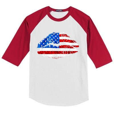 Cute Patriot USA American Flag Lipstick Kiss Kids Colorblock Raglan Jersey