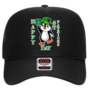 Cute Penguin Happy St Patricks Day High Crown Mesh Back Trucker Hat