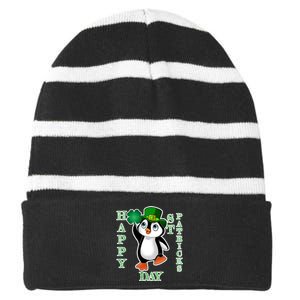 Cute Penguin Happy St Patricks Day Striped Beanie with Solid Band