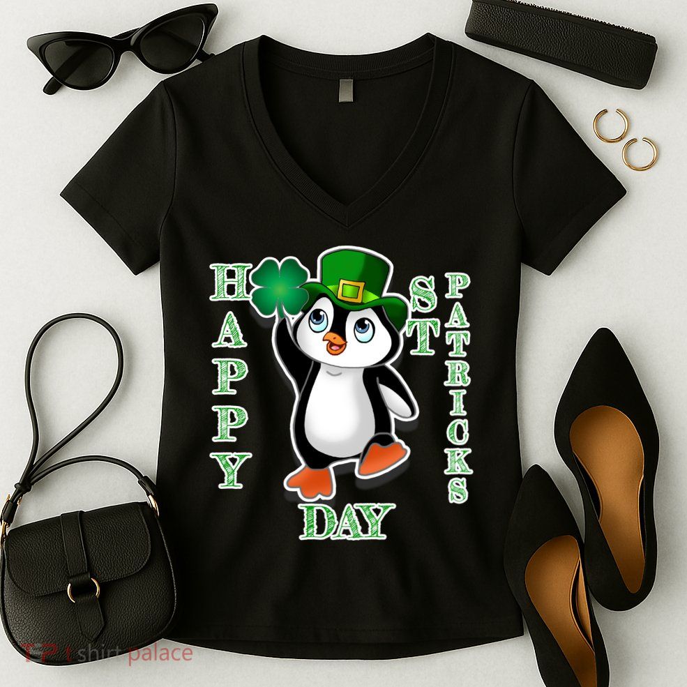 Cute Penguin Happy St Patricks Day Women's V-Neck T-Shirt