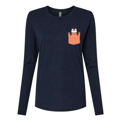 Cute Penguin In Pocket Womens Cotton Relaxed Long Sleeve T-Shirt