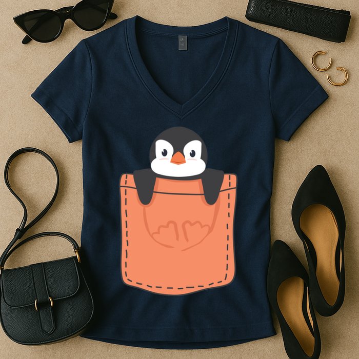 Cute Penguin In Pocket Women's V-Neck T-Shirt