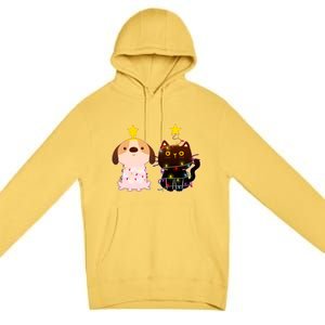 Cute Puppy and Kitten Christmas Lights Premium Pullover Hoodie