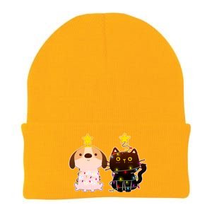 Cute Puppy and Kitten Christmas Lights Knit Cap Winter Beanie