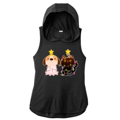 Cute Puppy and Kitten Christmas Lights Ladies PosiCharge Tri-Blend Wicking Draft Hoodie Tank