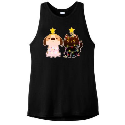 Cute Puppy and Kitten Christmas Lights Ladies PosiCharge Tri-Blend Wicking Tank