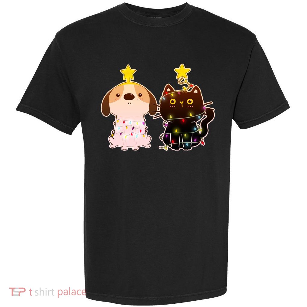 Cute Puppy and Kitten Christmas Lights Garment-Dyed Heavyweight T-Shirt