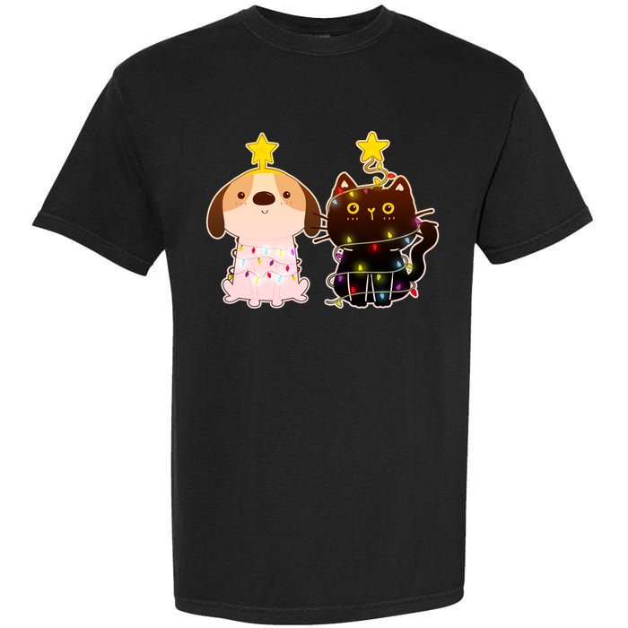 Cute Puppy and Kitten Christmas Lights Garment-Dyed Heavyweight T-Shirt