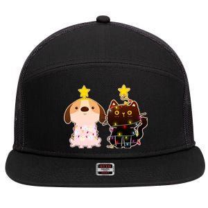 Cute Puppy and Kitten Christmas Lights 7 Panel Mesh Trucker Snapback Hat