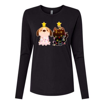 Cute Puppy and Kitten Christmas Lights Womens Cotton Relaxed Long Sleeve T-Shirt