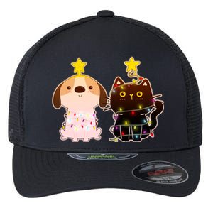 Cute Puppy and Kitten Christmas Lights Flexfit Unipanel Trucker Cap