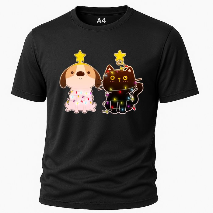 Cute Puppy and Kitten Christmas Lights Cooling Performance Crew T-Shirt