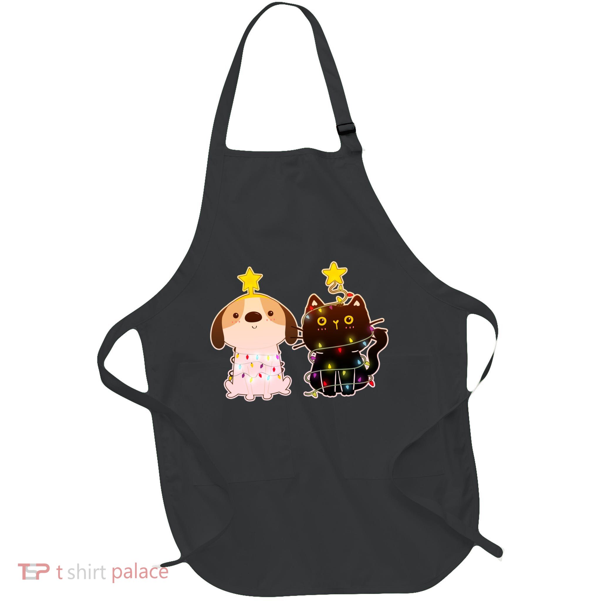 Cute Puppy and Kitten Christmas Lights Full-Length Apron With Pockets