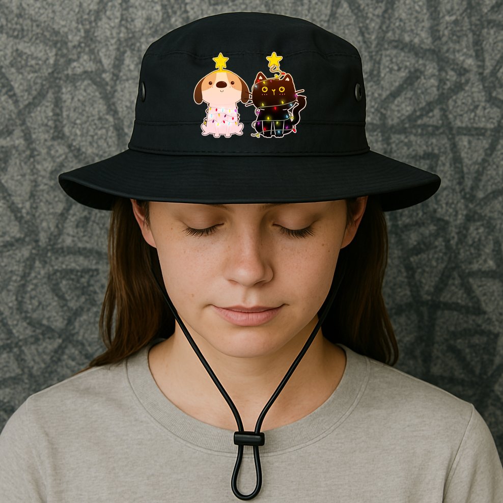 Cute Puppy and Kitten Christmas Lights Bucket Hat