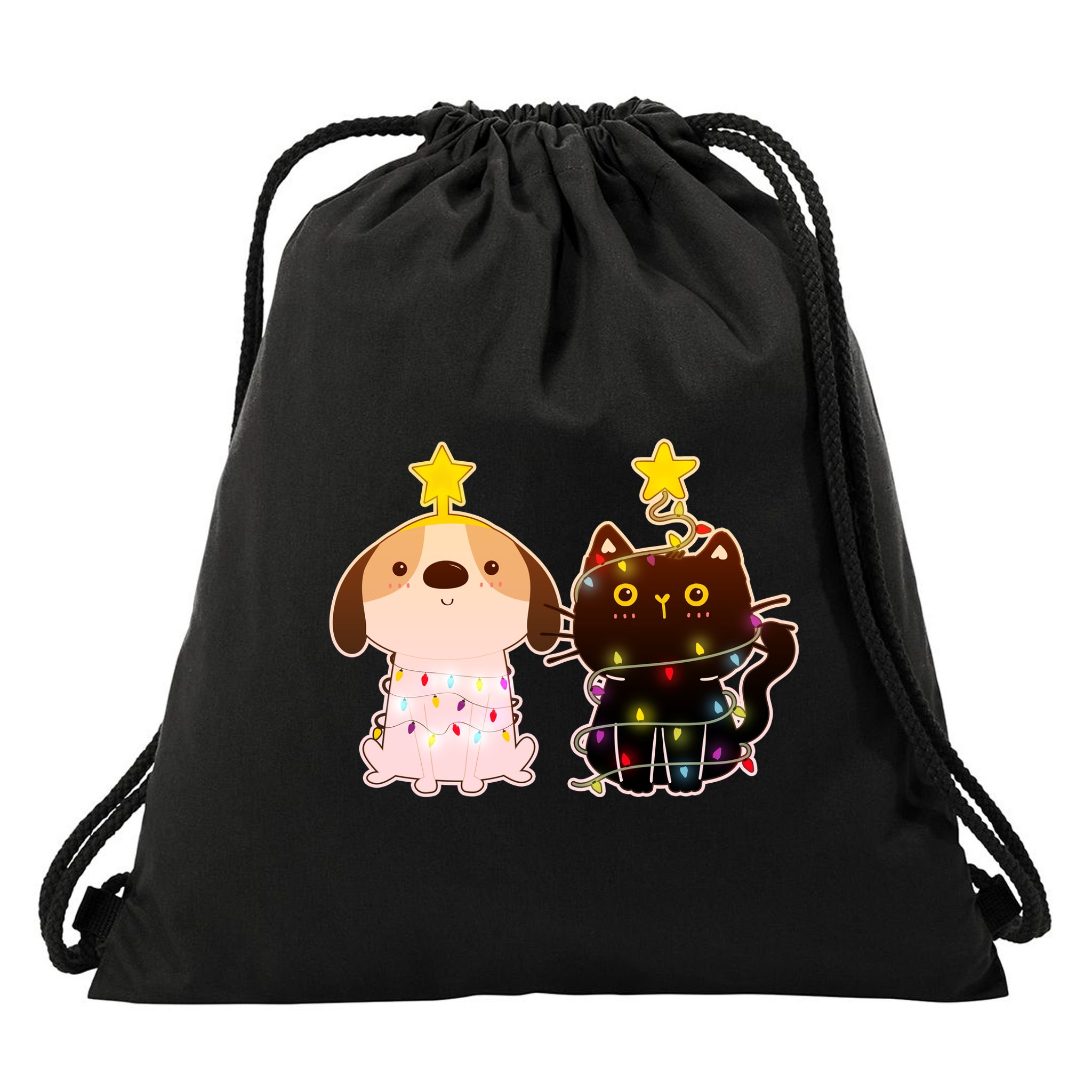 Cute Puppy and Kitten Christmas Lights Drawstring Bag