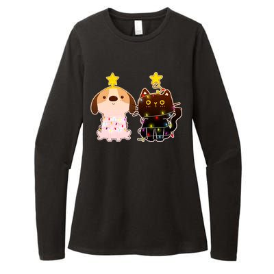 Cute Puppy and Kitten Christmas Lights Womens CVC Long Sleeve Shirt